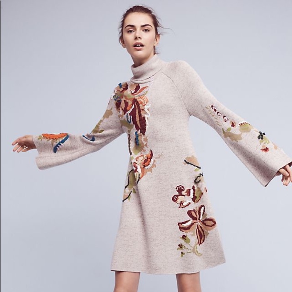 Anthropologie Floral Knit Embroidered Swing Dress
